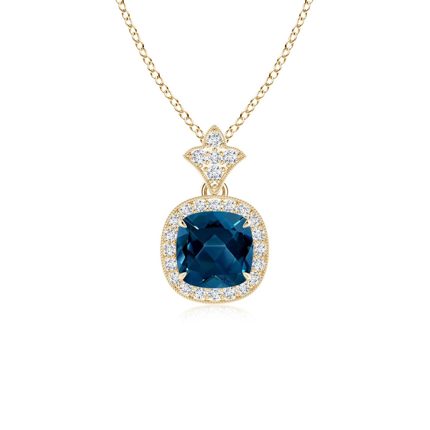 6mm AAAA Vintage Inspired Cushion London Blue Topaz Halo Pendant in Yellow Gold