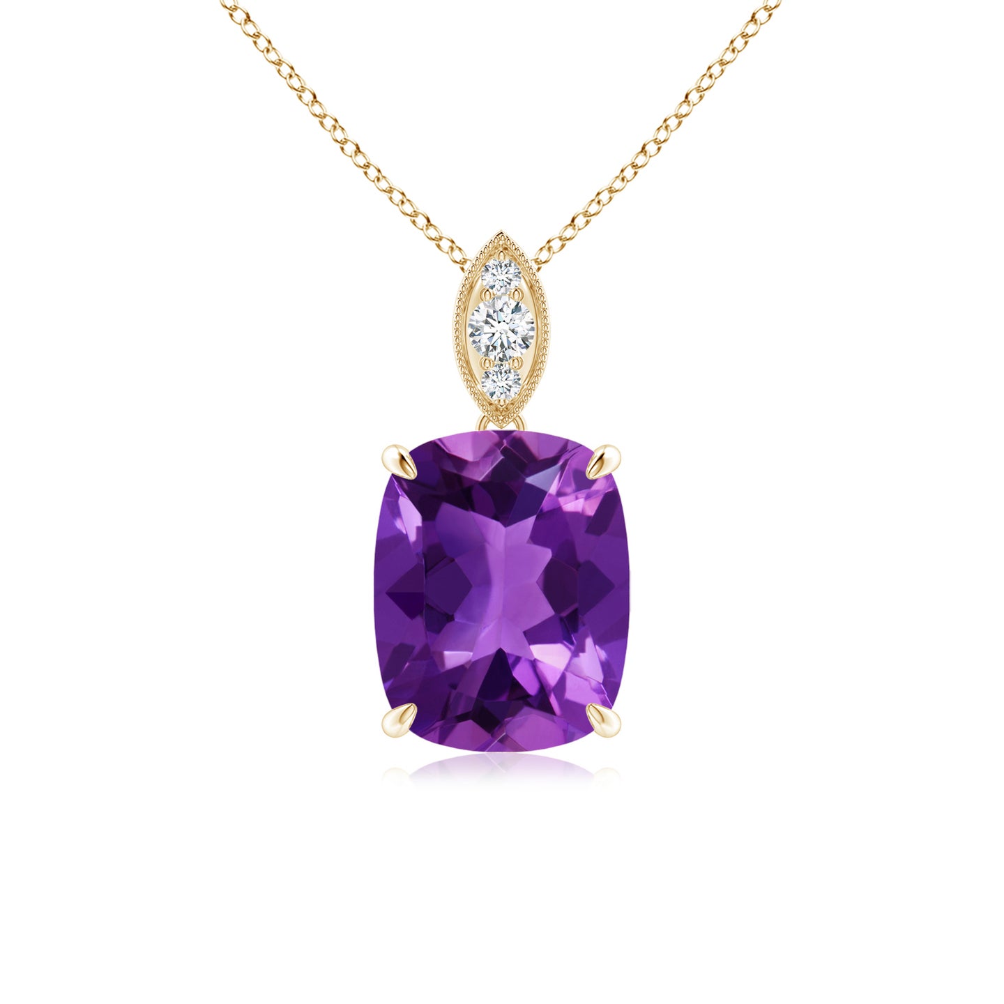 9x7mm AAAA Cushion Amethyst Pendant with Diamond Leaf Bale in Yellow Gold