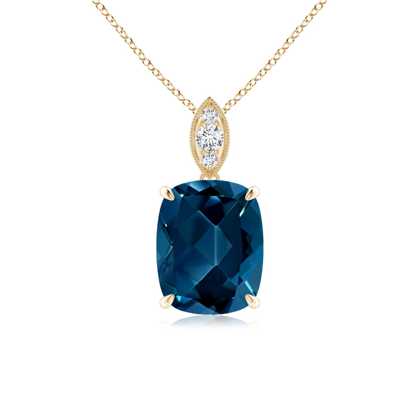 9x7mm AAAA Cushion London Blue Topaz Pendant with Diamond Leaf Bale in Yellow Gold