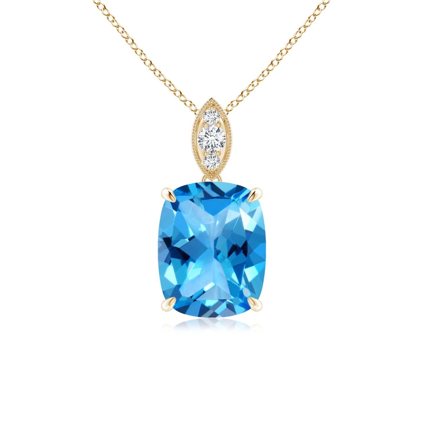 9x7mm AAAA Cushion Swiss Blue Topaz Pendant with Diamond Leaf Bale in Yellow Gold