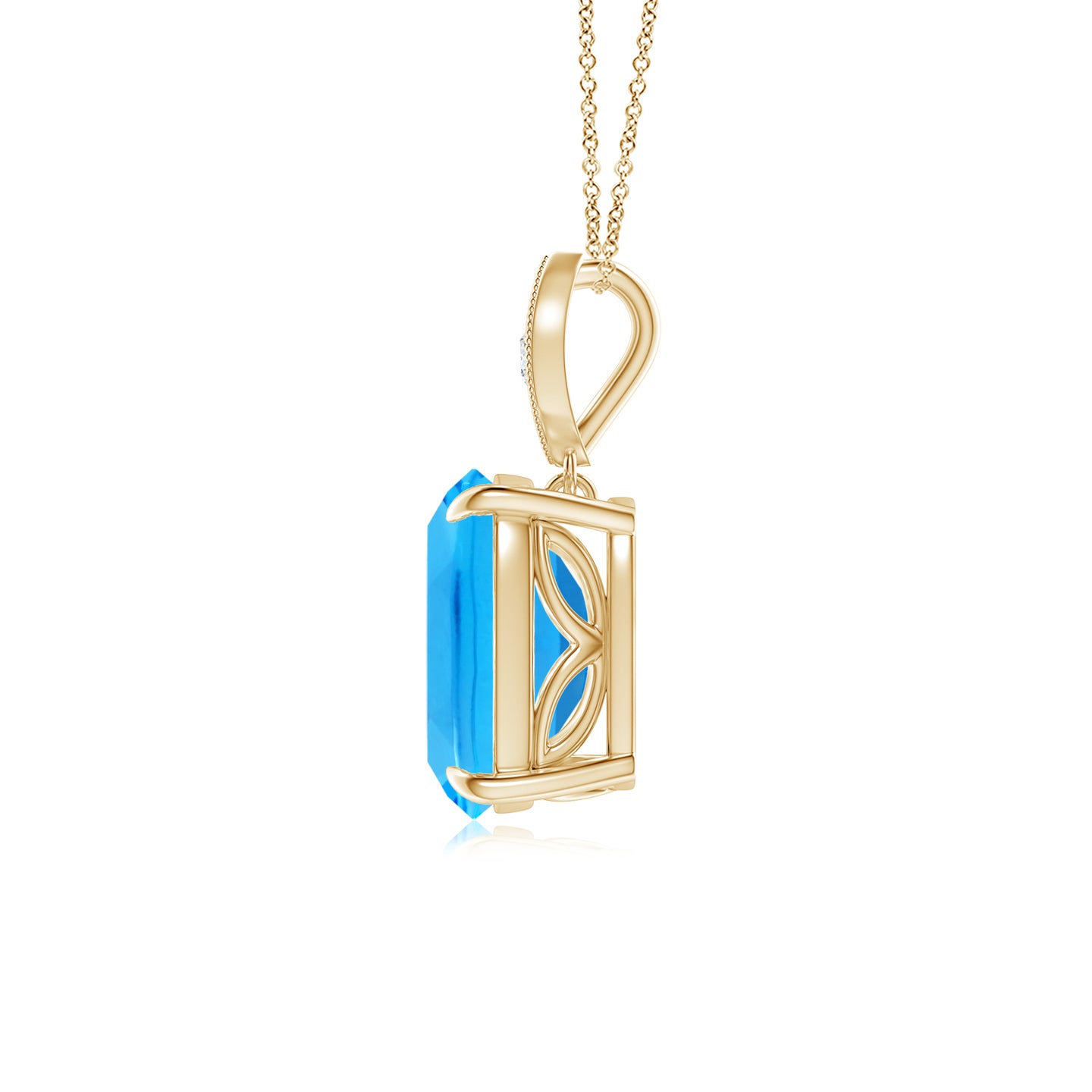 9x7mm AAAA Cushion Swiss Blue Topaz Pendant with Diamond Leaf Bale in Yellow Gold