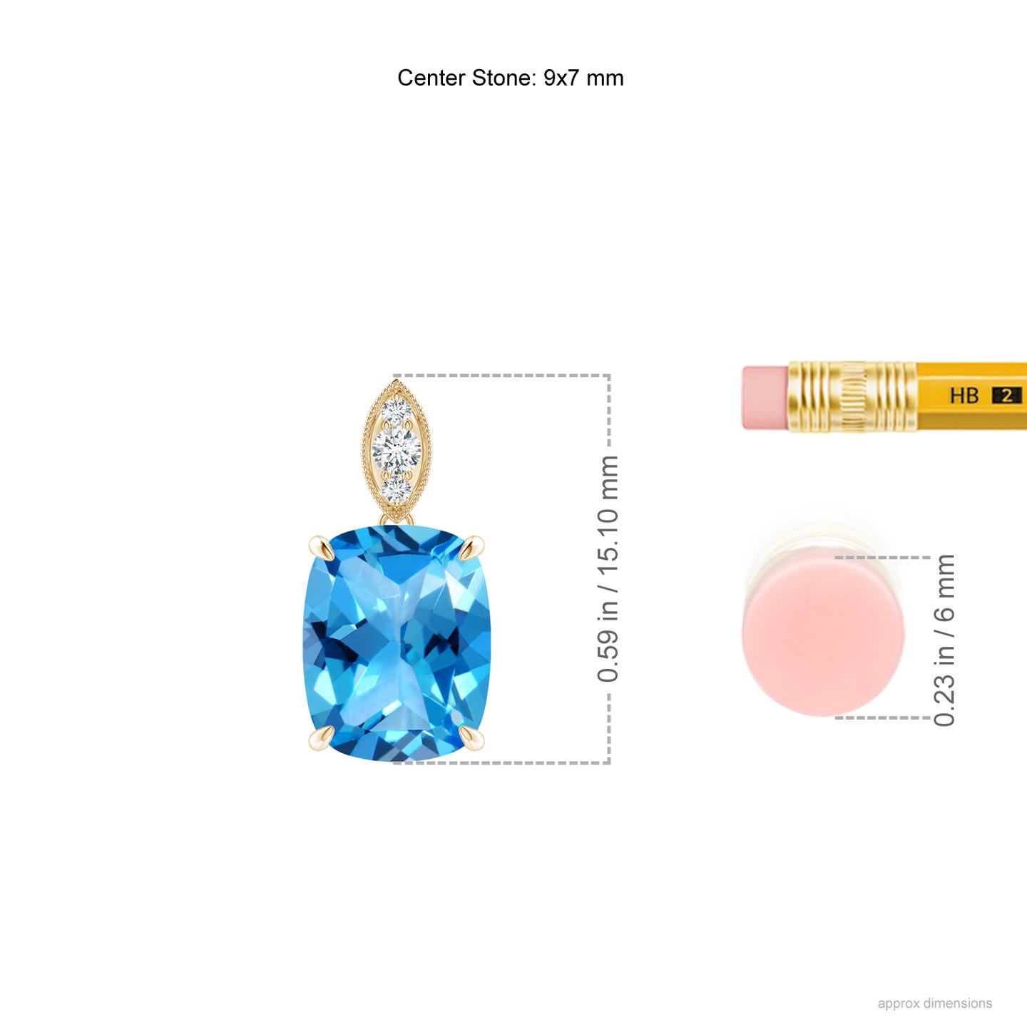 9x7mm AAAA Cushion Swiss Blue Topaz Pendant with Diamond Leaf Bale in Yellow Gold