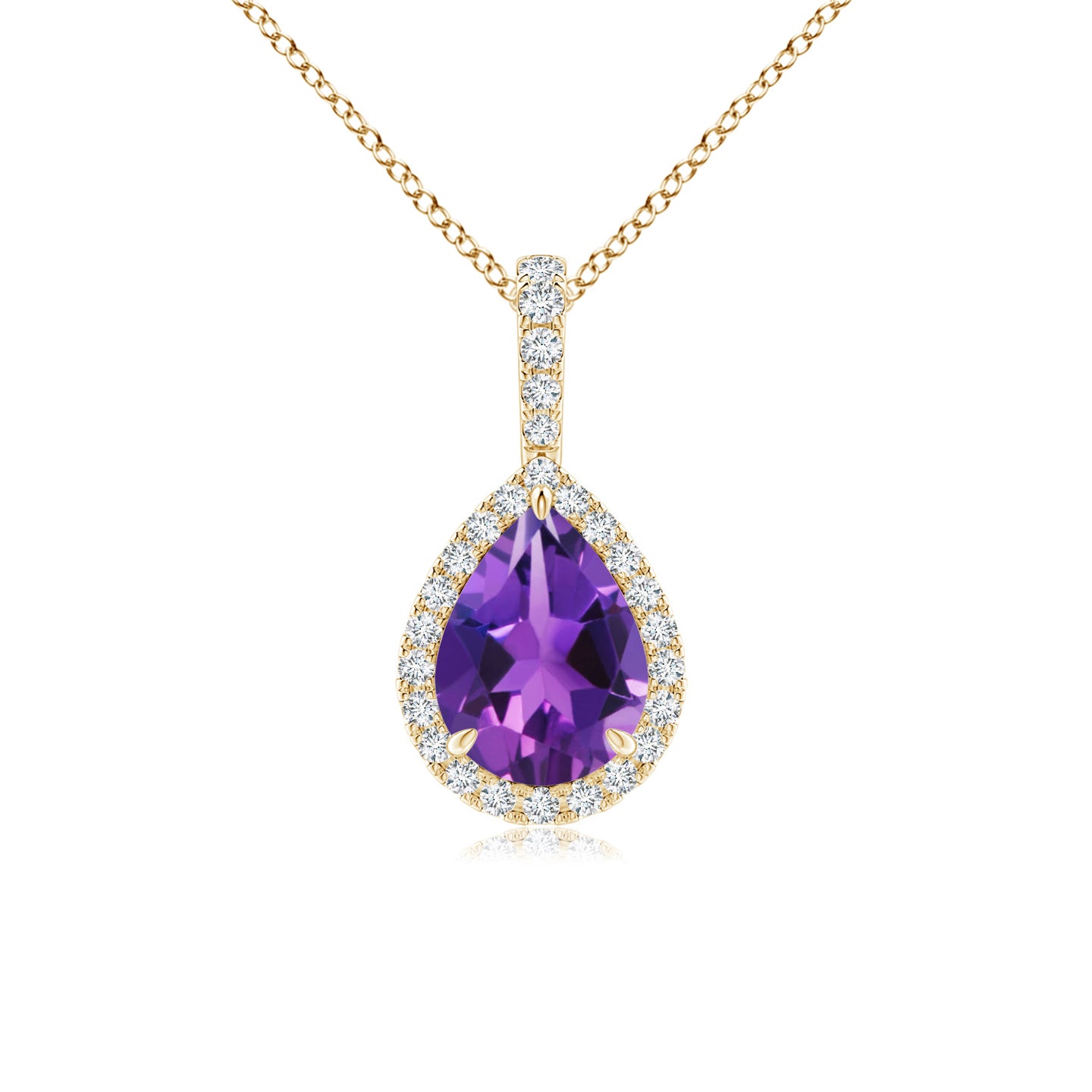 8x6mm AAAA Amethyst Teardrop Pendant with Diamond Halo in Yellow Gold