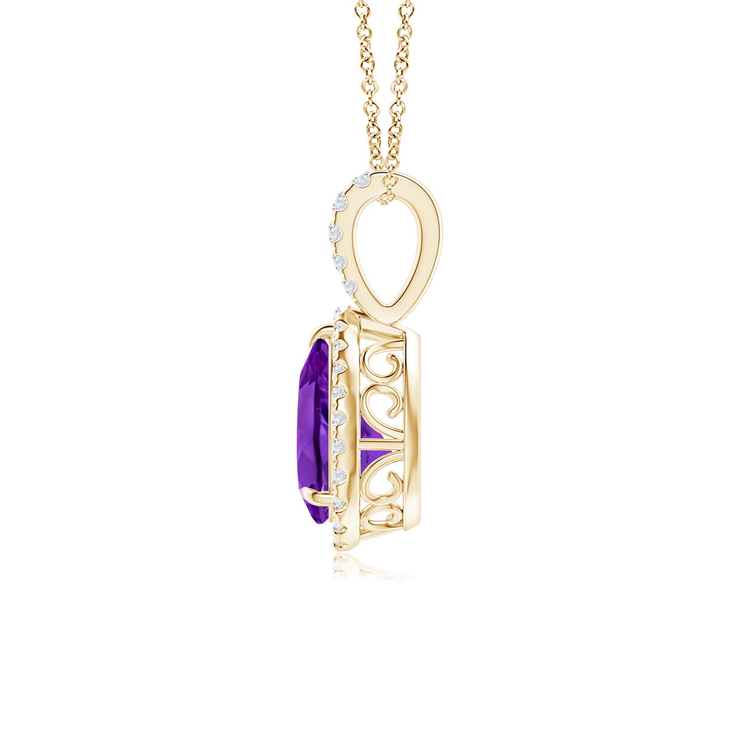 8x6mm AAAA Amethyst Teardrop Pendant with Diamond Halo in Yellow Gold