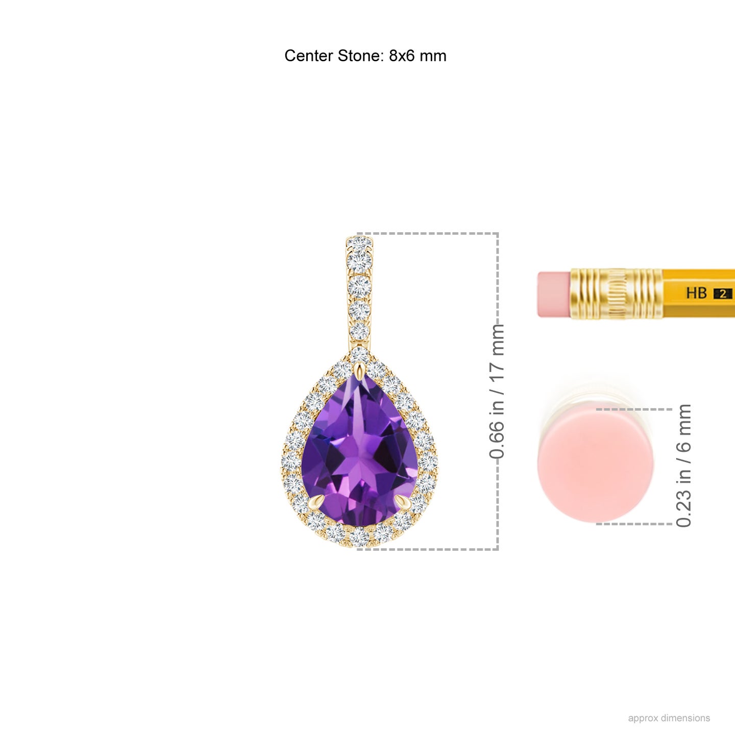 8x6mm AAAA Amethyst Teardrop Pendant with Diamond Halo in Yellow Gold