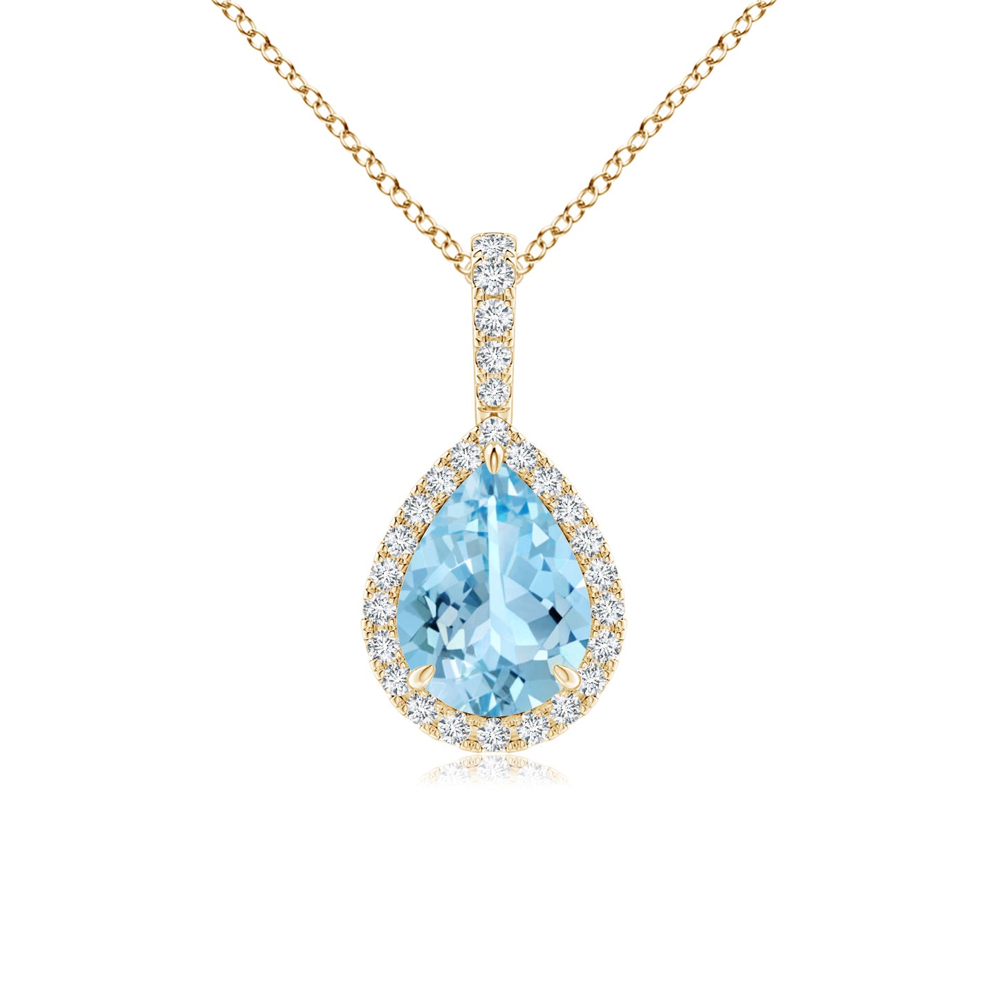 8x6mm AAAA Aquamarine Teardrop Pendant with Diamond Halo in Yellow Gold