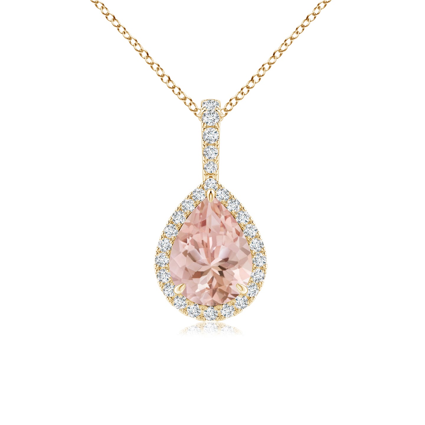 8x6mm AAAA Morganite Teardrop Pendant with Diamond Halo in Yellow Gold 8x6mm AAAA Morganite Teardrop Pendant with Diamond Halo in Yellow Gold