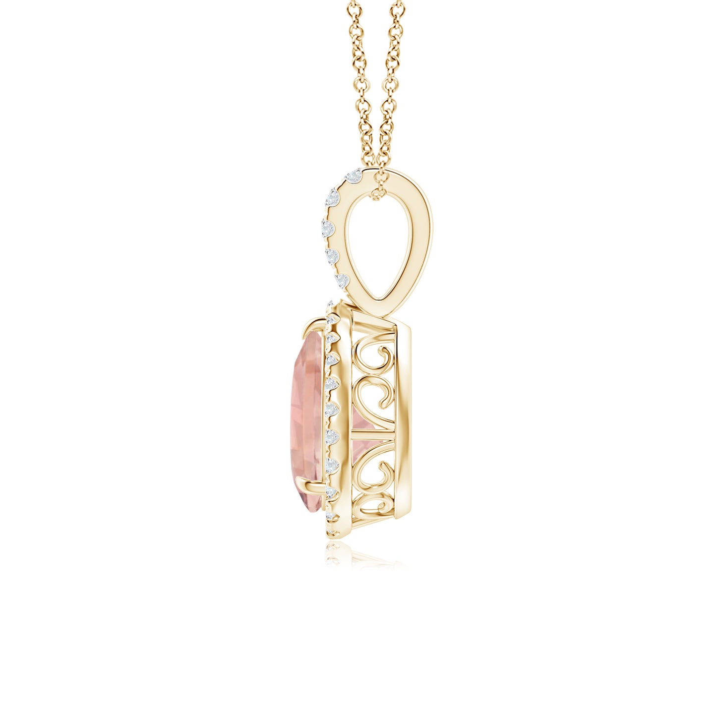 8x6mm AAAA Morganite Teardrop Pendant with Diamond Halo in Yellow Gold 8x6mm AAAA Morganite Teardrop Pendant with Diamond Halo in Yellow Gold
