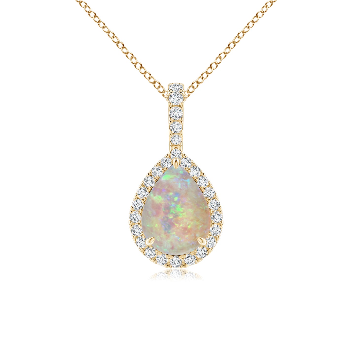 8x6mm AAAA Opal Teardrop Pendant with Diamond Halo in Yellow Gold