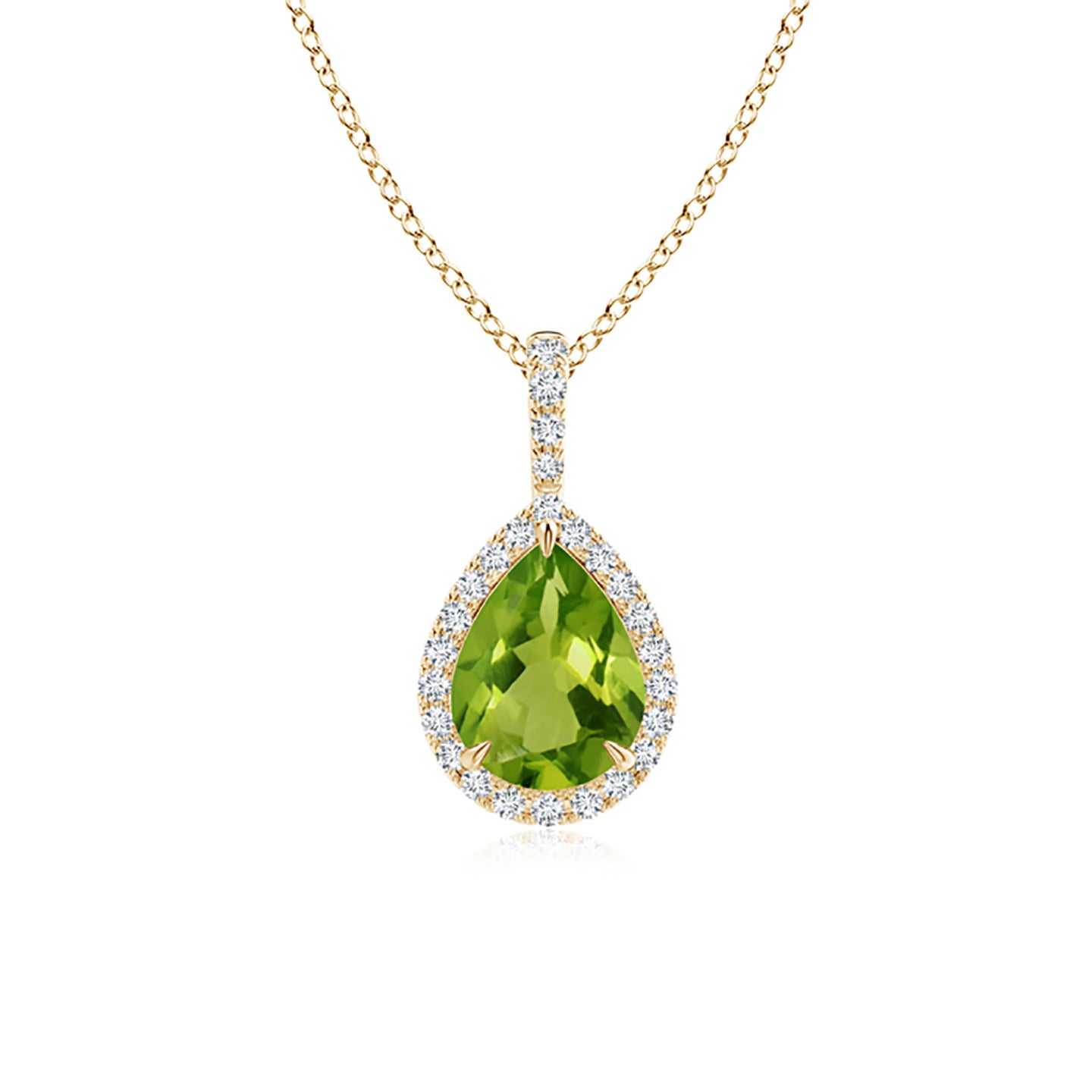 8x6mm AAAA Peridot Teardrop Pendant with Diamond Halo in Yellow Gold 8x6mm AAAA Peridot Teardrop Pendant with Diamond Halo in Yellow Gold
