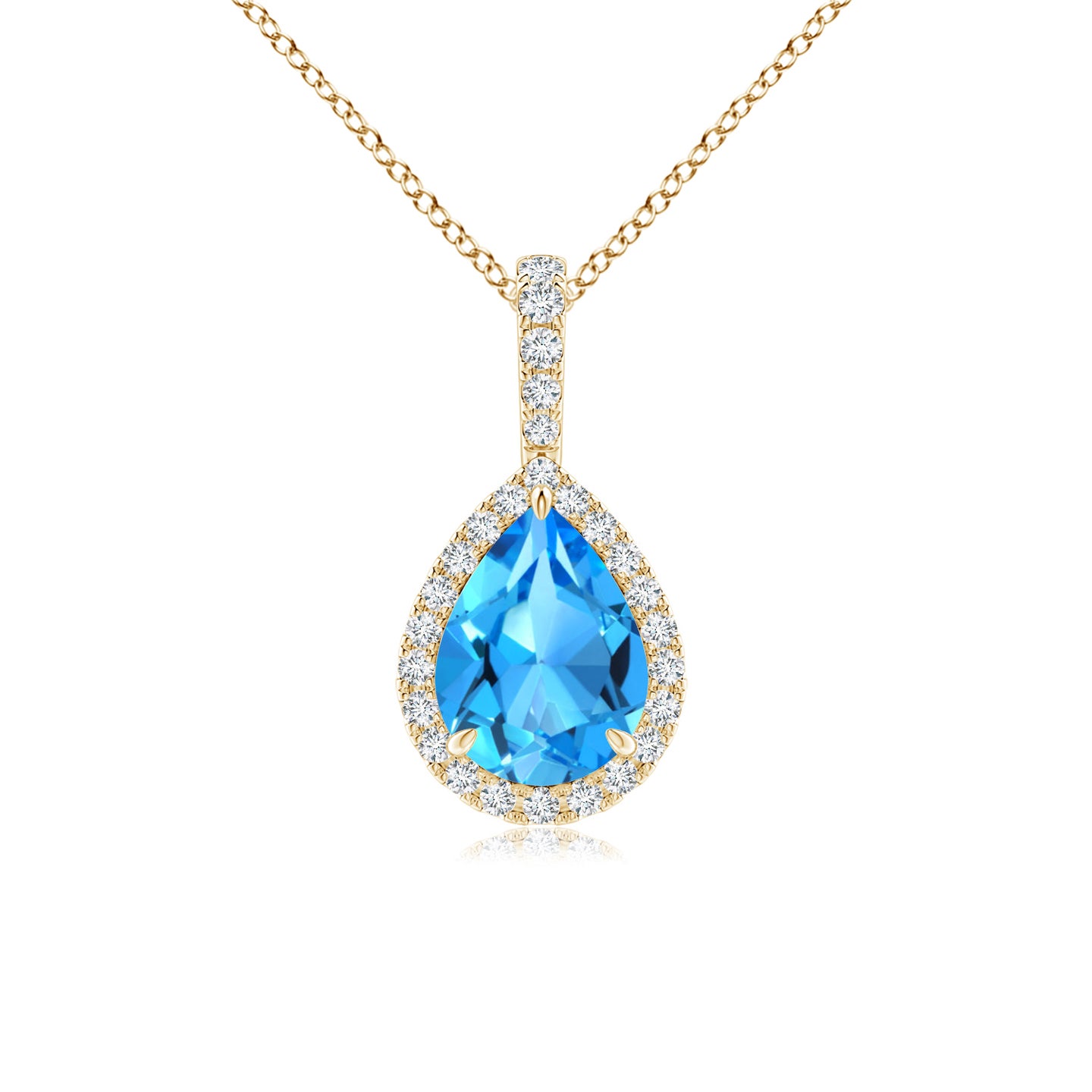 8x6mm AAAA Swiss Blue Topaz Teardrop Pendant with Diamond Halo in Yellow Gold
