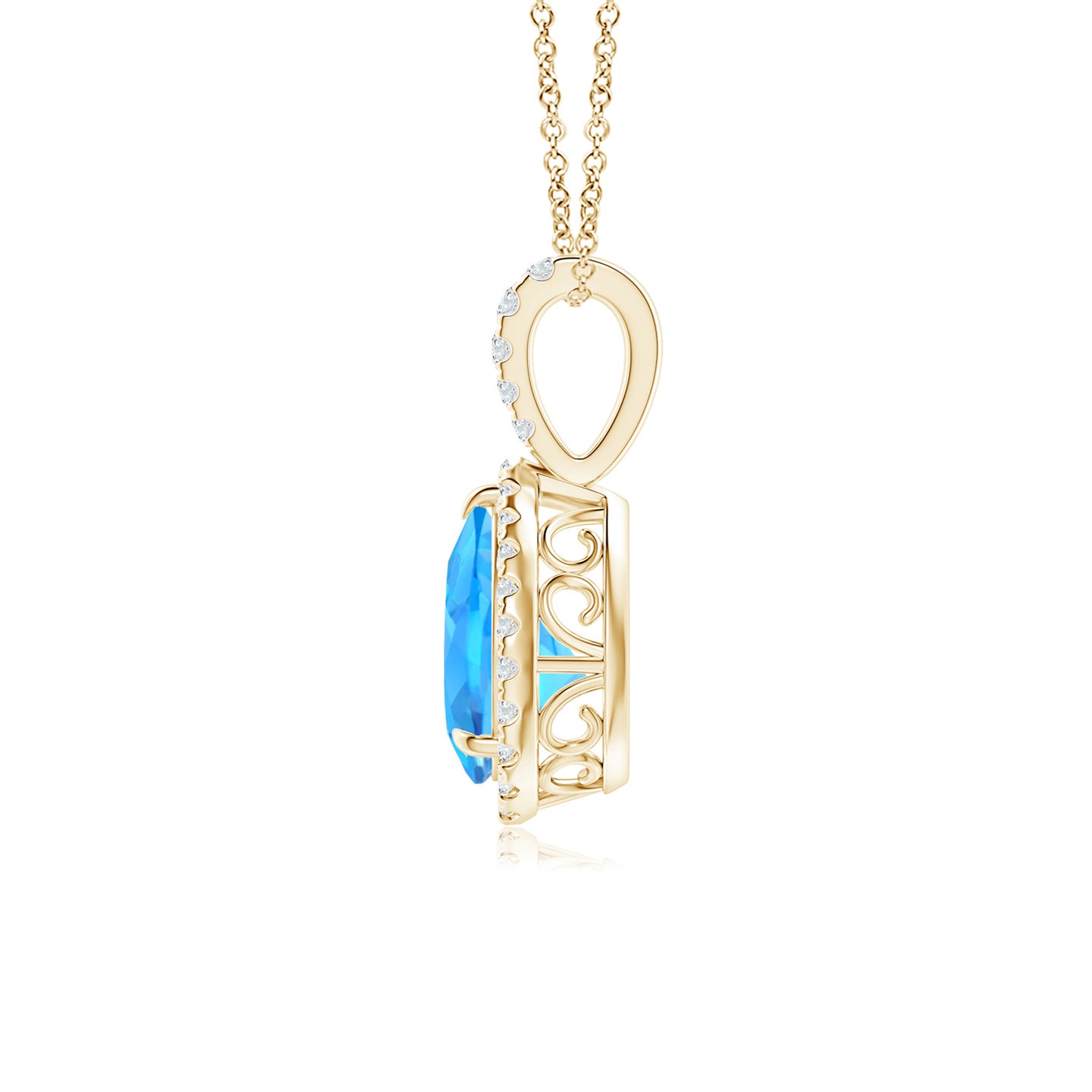8x6mm AAAA Swiss Blue Topaz Teardrop Pendant with Diamond Halo in Yellow Gold