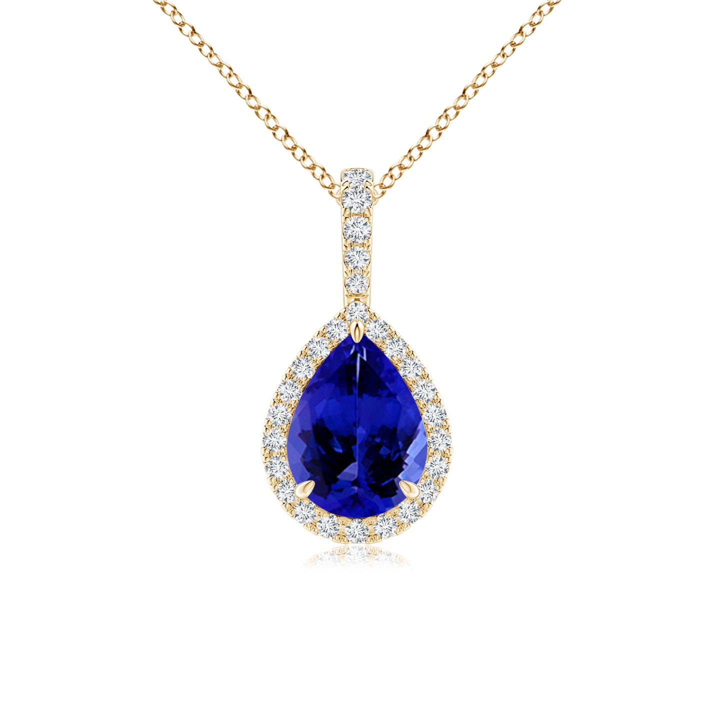 8x6mm AAAA Tanzanite Teardrop Pendant with Diamond Halo in Yellow Gold