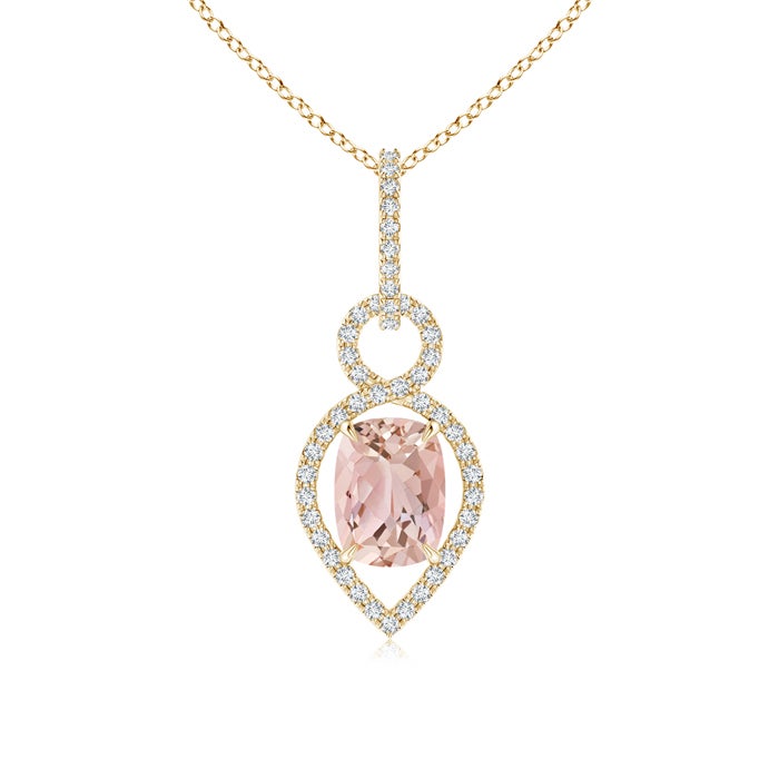8x6mm AAAA Cushion Morganite Infinity Drop Pendant with Diamonds in Yellow Gold 8x6mm AAAA Cushion Morganite Infinity Drop Pendant with Diamonds in Yellow Gold