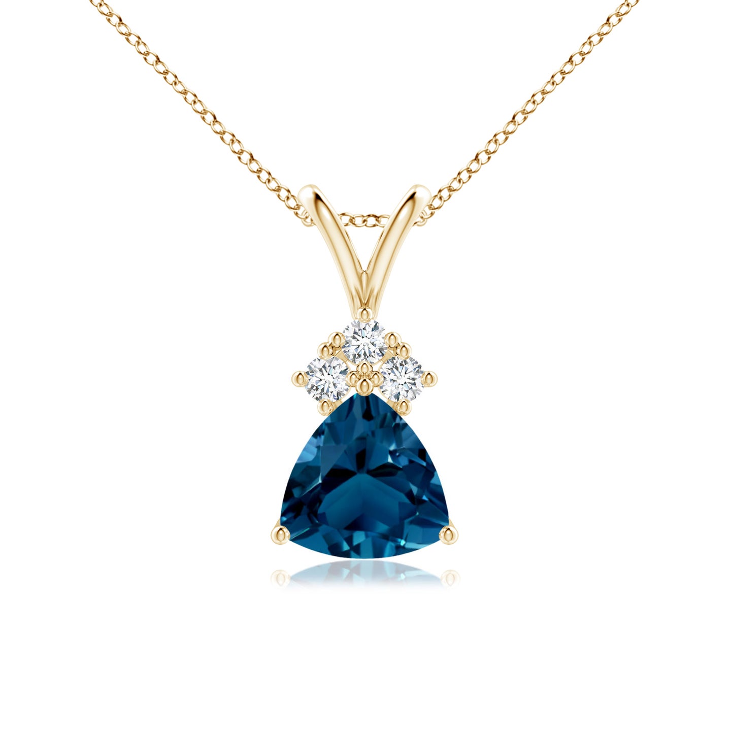 6mm AAAA  Trillion London Blue Topaz Pendant with Trio Diamonds in Yellow Gold