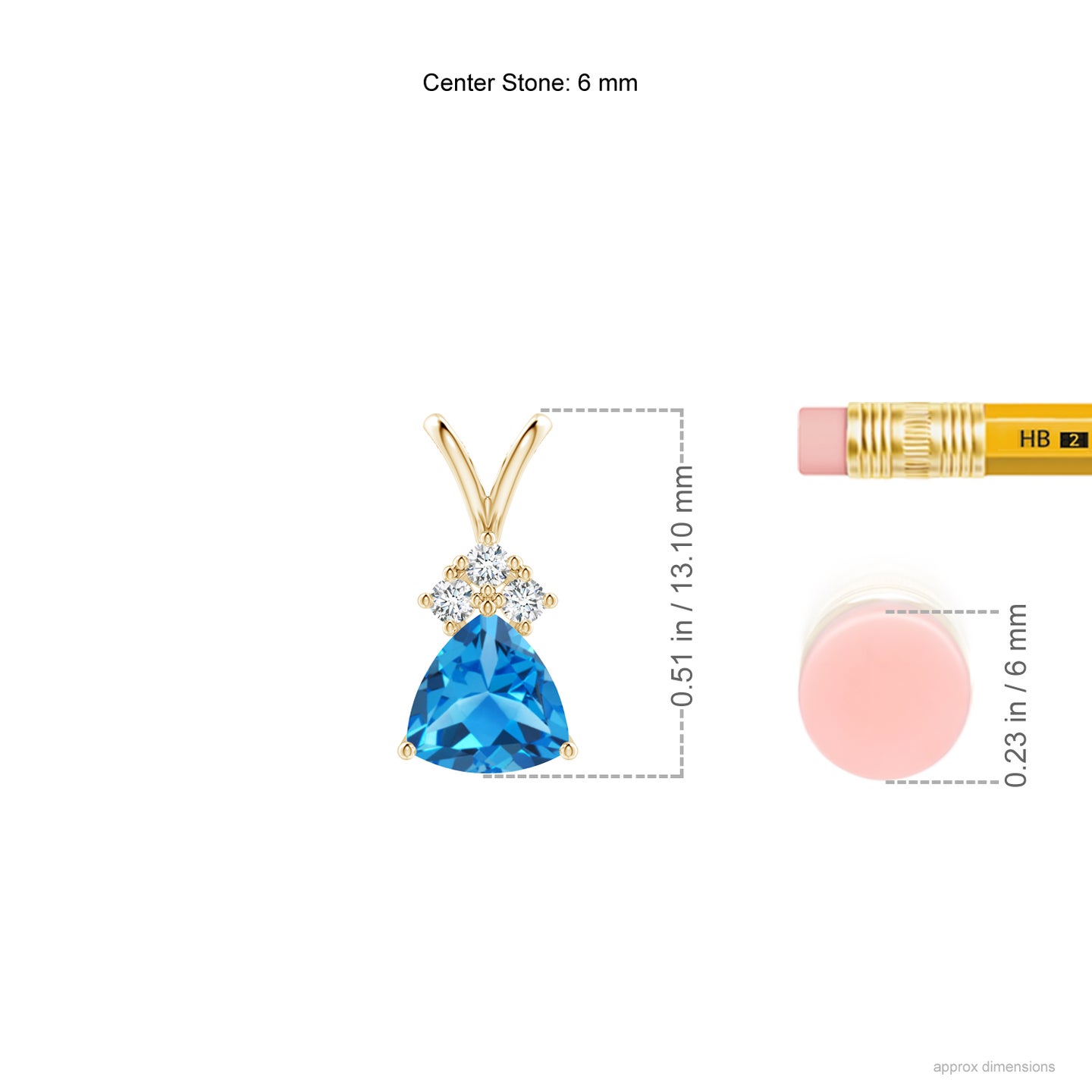 6mm AAAA Trillion Swiss Blue Topaz Solitaire Pendant with Trio Diamonds in Yellow Gold