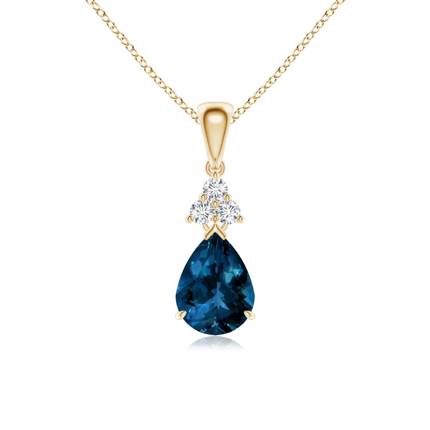 8x6mm AAAA Claw-Set London Blue Topaz Drop Pendant with Trio Diamonds in Yellow Gold