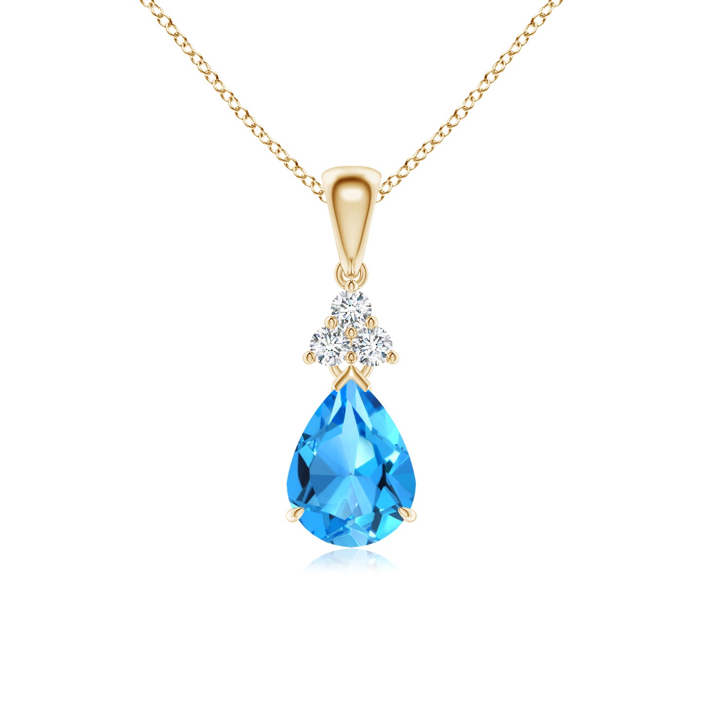 8x6mm AAAA Claw-Set Swiss Blue Topaz Drop Pendant with Trio Diamonds in Yellow Gold