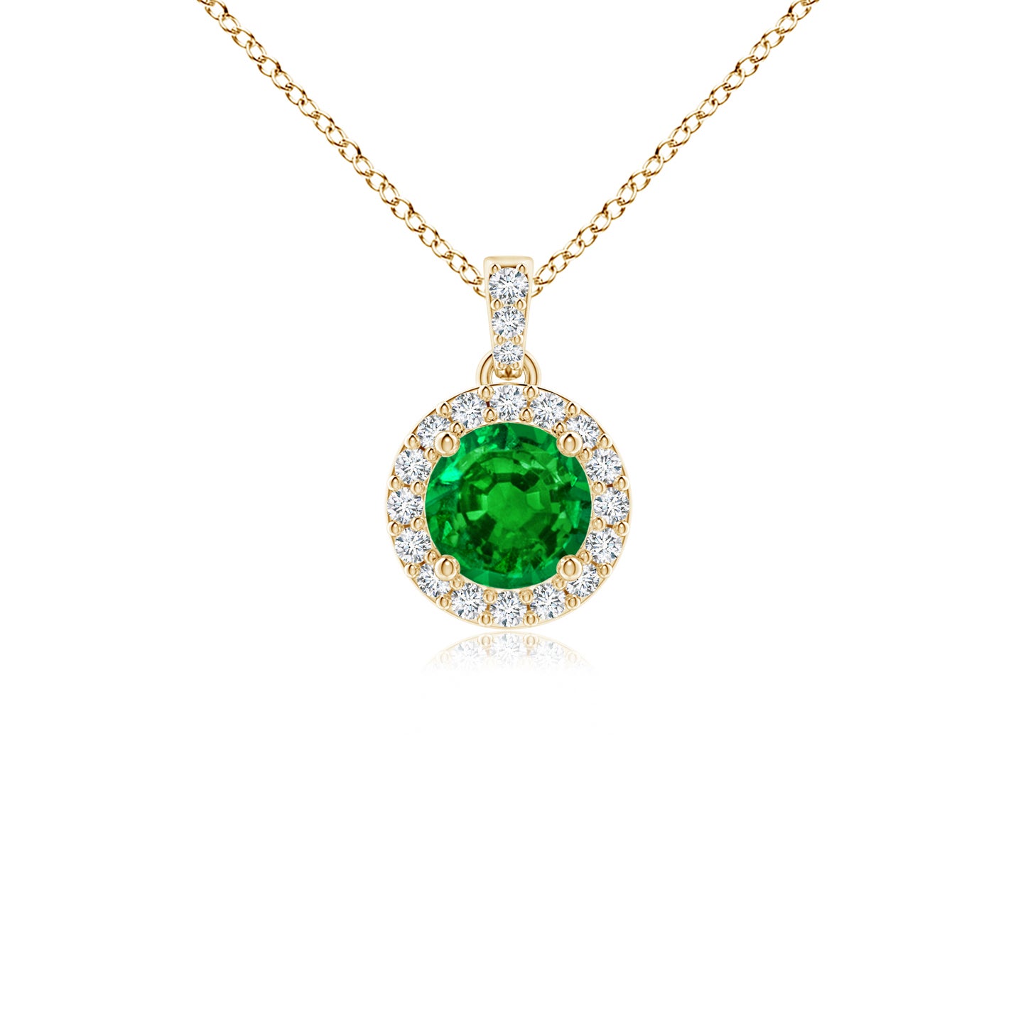 4mm AAAA Round Emerald Dangle Pendant with Diamond Halo in Yellow Gold 4mm AAAA Round Emerald Dangle Pendant with Diamond Halo in Yellow Gold