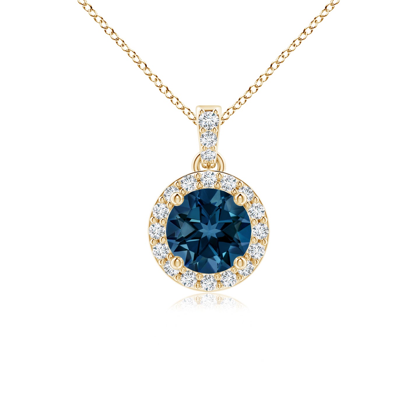 5mm AAAA Round London Blue Topaz Dangle Pendant with Diamond Halo in Yellow Gold