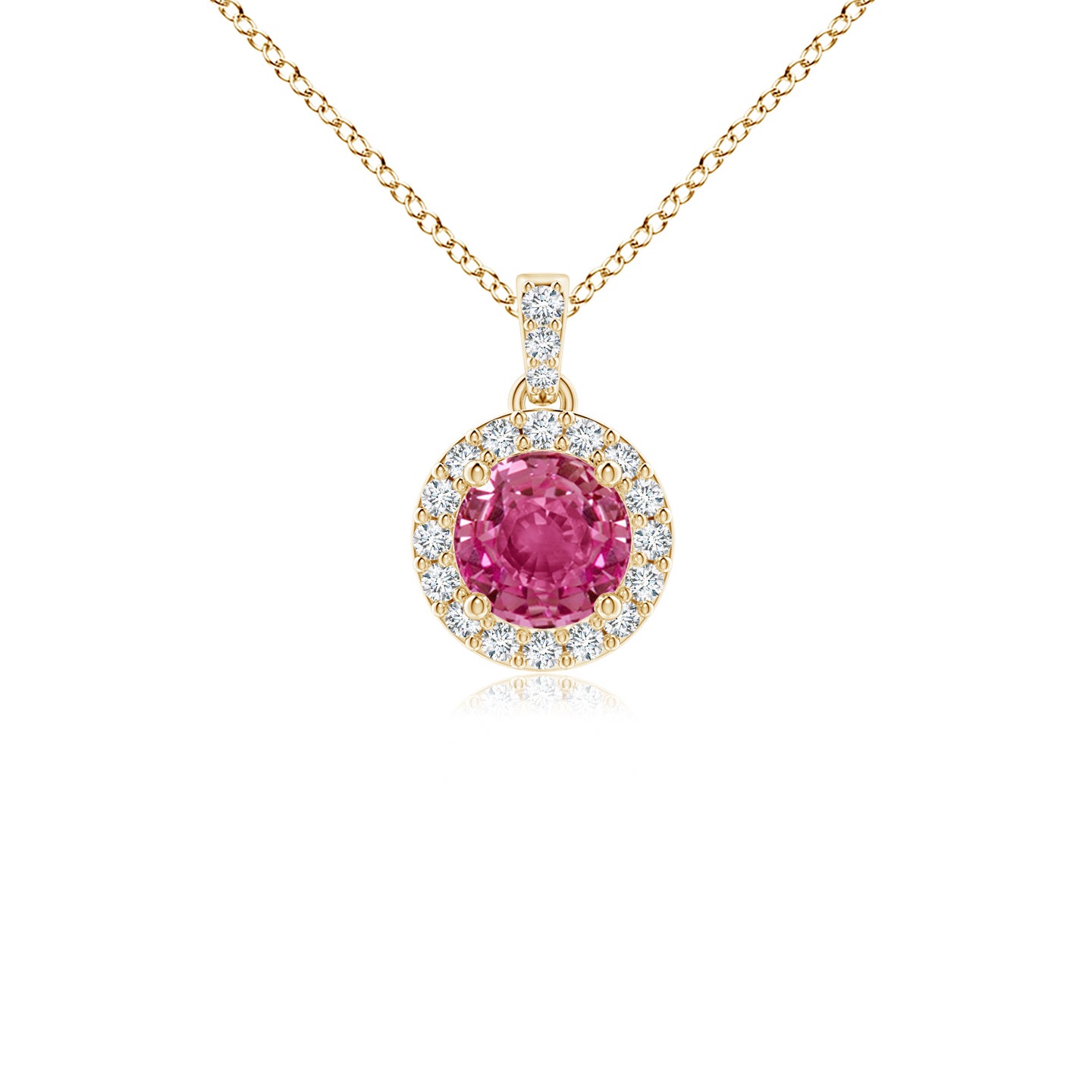 4mm AAAA Round Pink Sapphire Dangle Pendant with Diamond Halo in Yellow Gold
