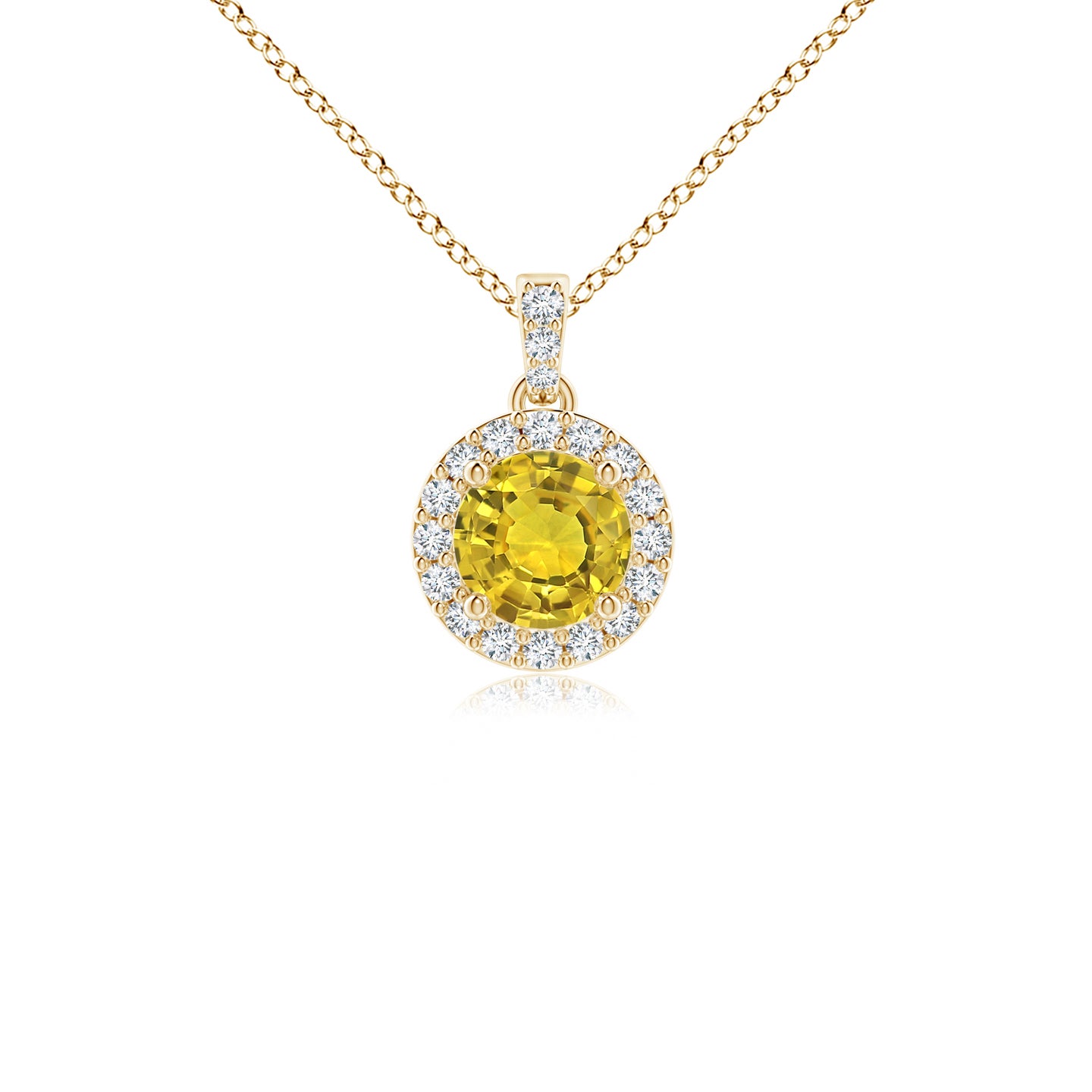 4mm AAAA Round Yellow Sapphire Dangle Pendant with Diamond Halo in Yellow Gold
