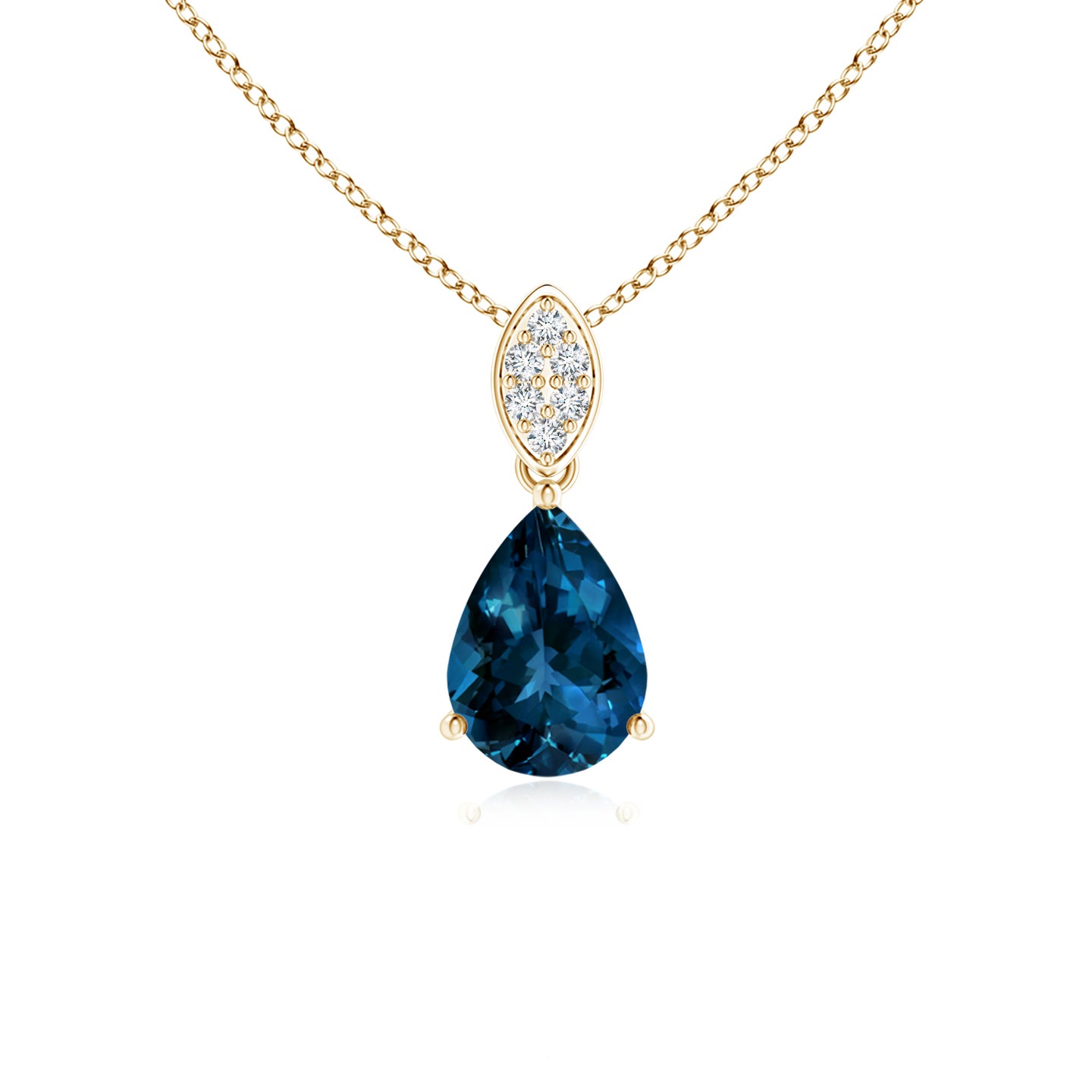 7x5mm AAAA Pear-Shaped London Blue Topaz Pendant with Leaf Bale in Yellow Gold
