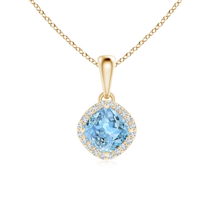 5mm AAAA Sideways Cushion Aquamarine and Diamond Halo Pendant in Yellow Gold 5mm AAAA Sideways Cushion Aquamarine and Diamond Halo Pendant in Yellow Gold