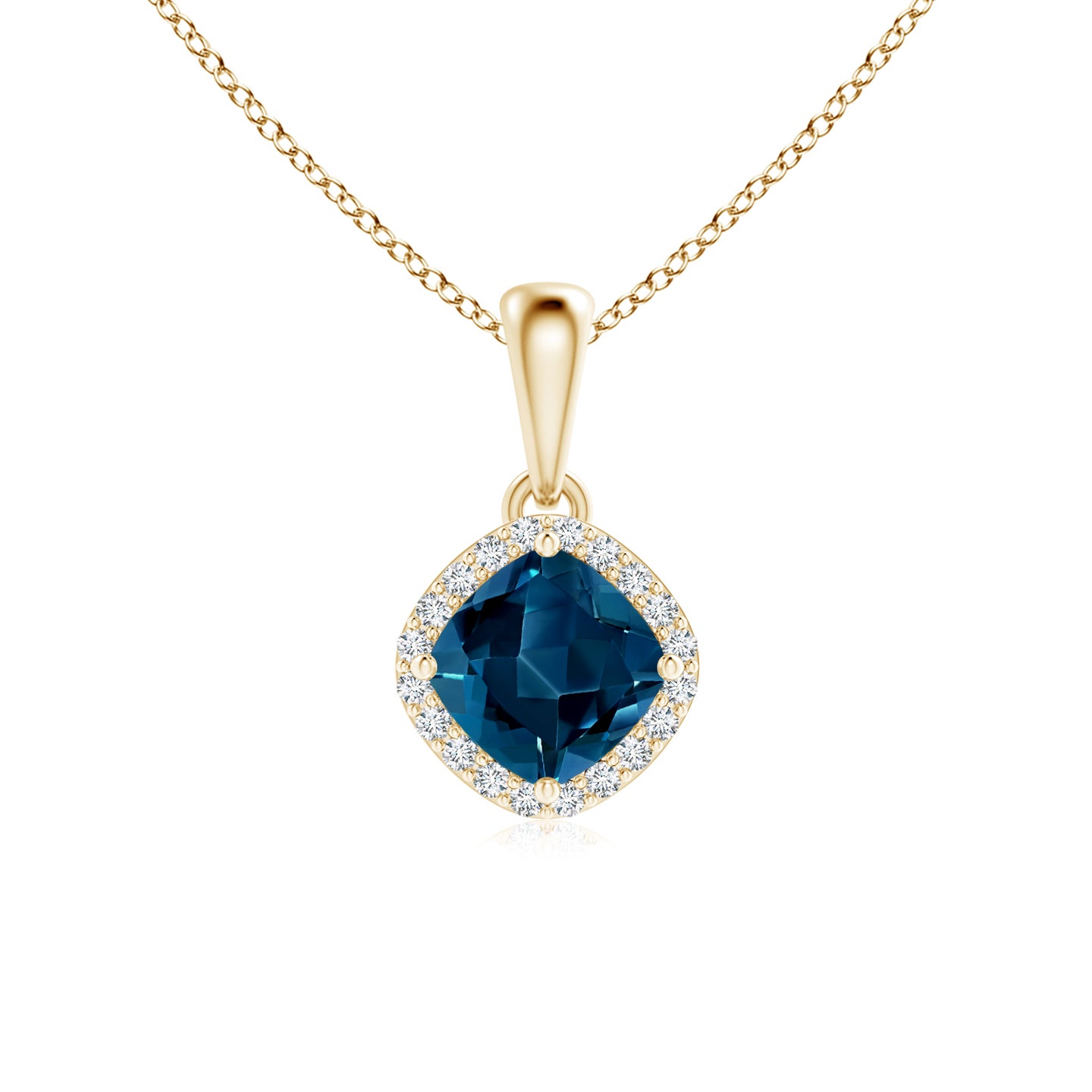5mm AAAA Sideways Cushion London Blue Topaz and Diamond Halo Pendant in Yellow Gold