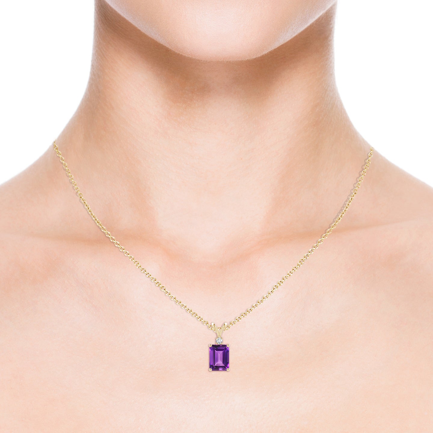 Emerald-Cut Amethyst Solitaire Pendant with Diamond
