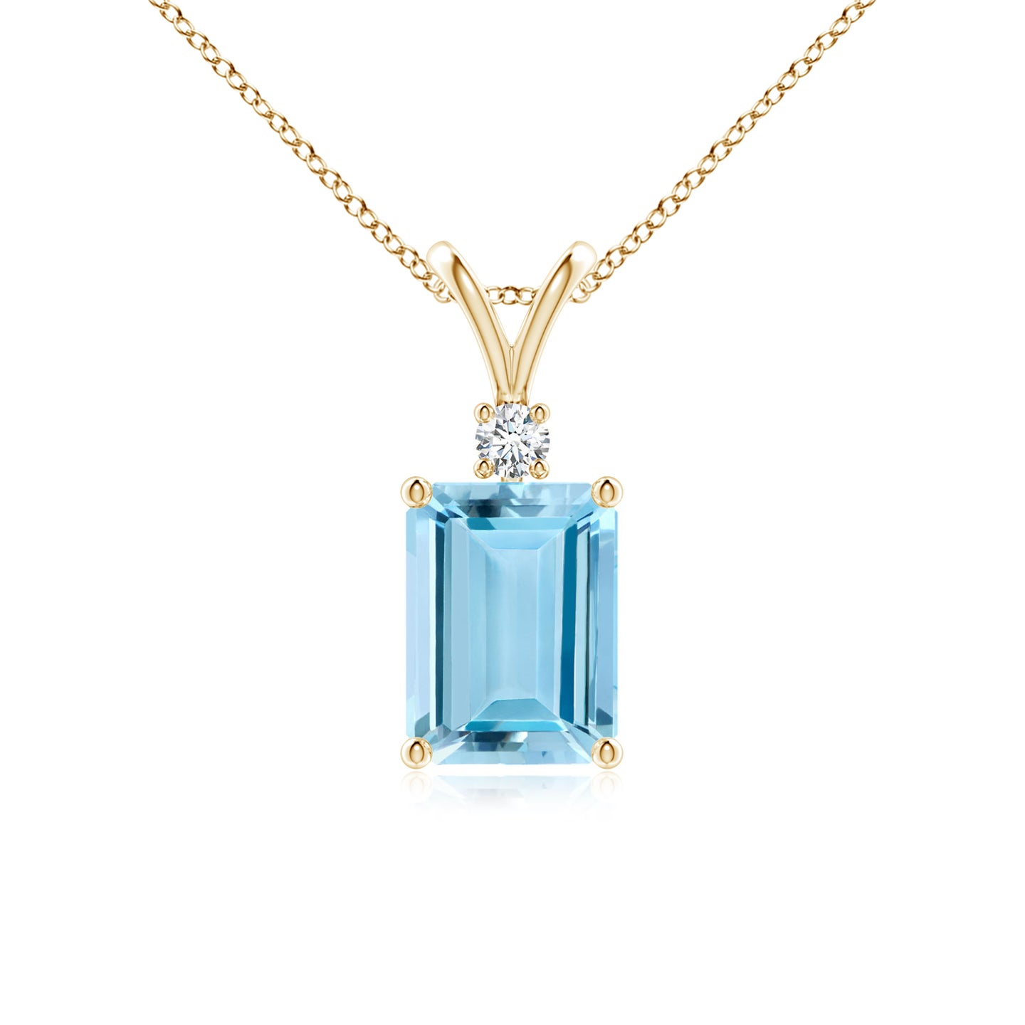 8x6mm AAAA Emerald-Cut Aquamarine Solitaire Pendant with Diamond in Yellow Gold