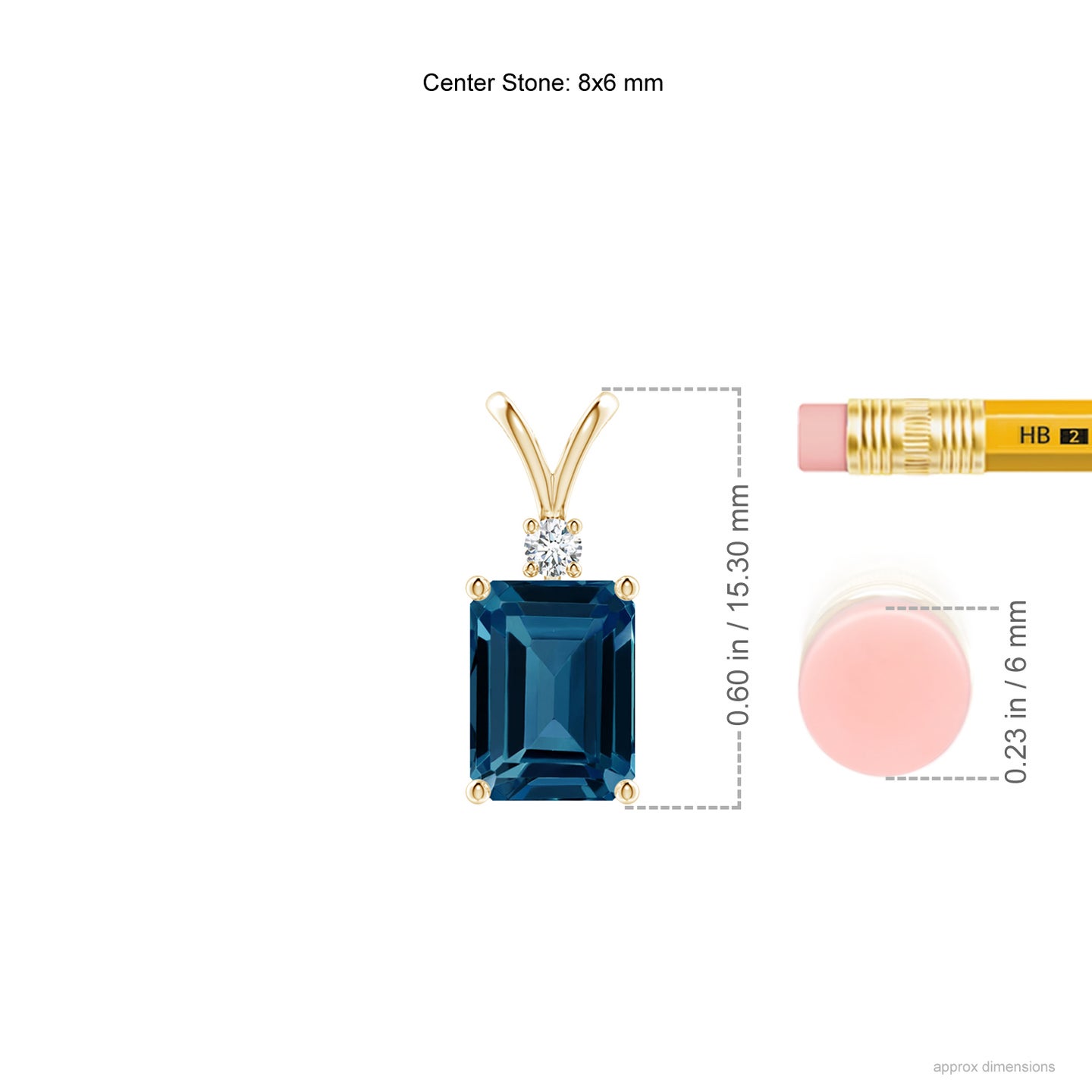 8x6mm AAAA Emerald-Cut London Blue Topaz Solitaire Pendant with Diamond in Yellow Gold