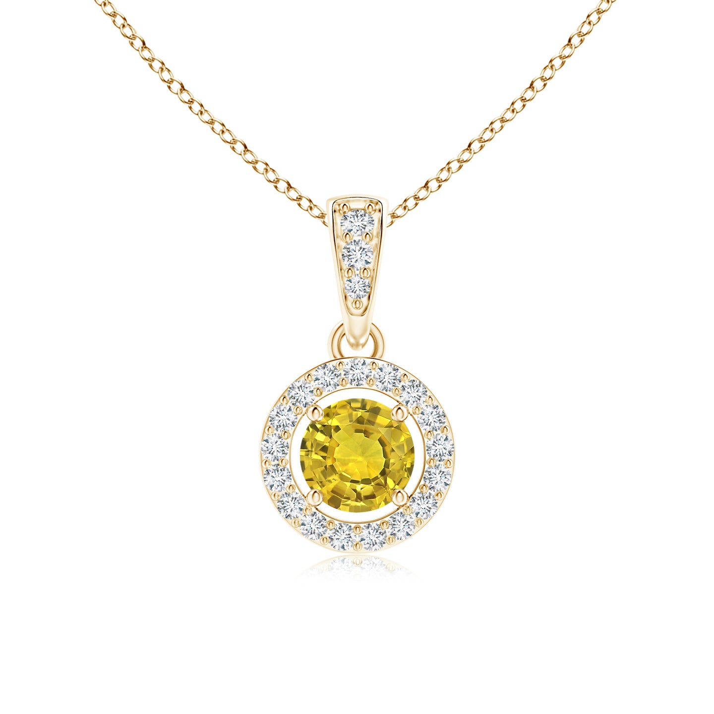 4mm AAAA Floating Yellow Sapphire Pendant with Diamond Halo in Yellow Gold