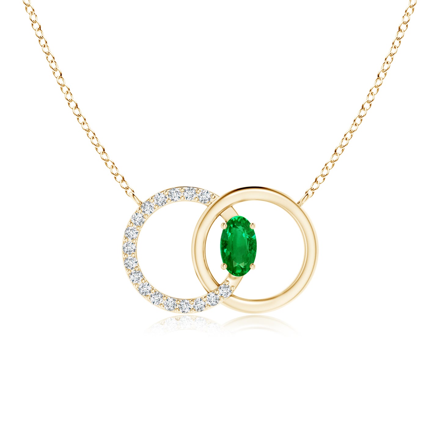 5x3mm AAAA Emerald Interlocking Circle Necklace with Diamond Accents in Yellow Gold 5x3mm AAAA Emerald Interlocking Circle Necklace with Diamond Accents in Yellow Gold
