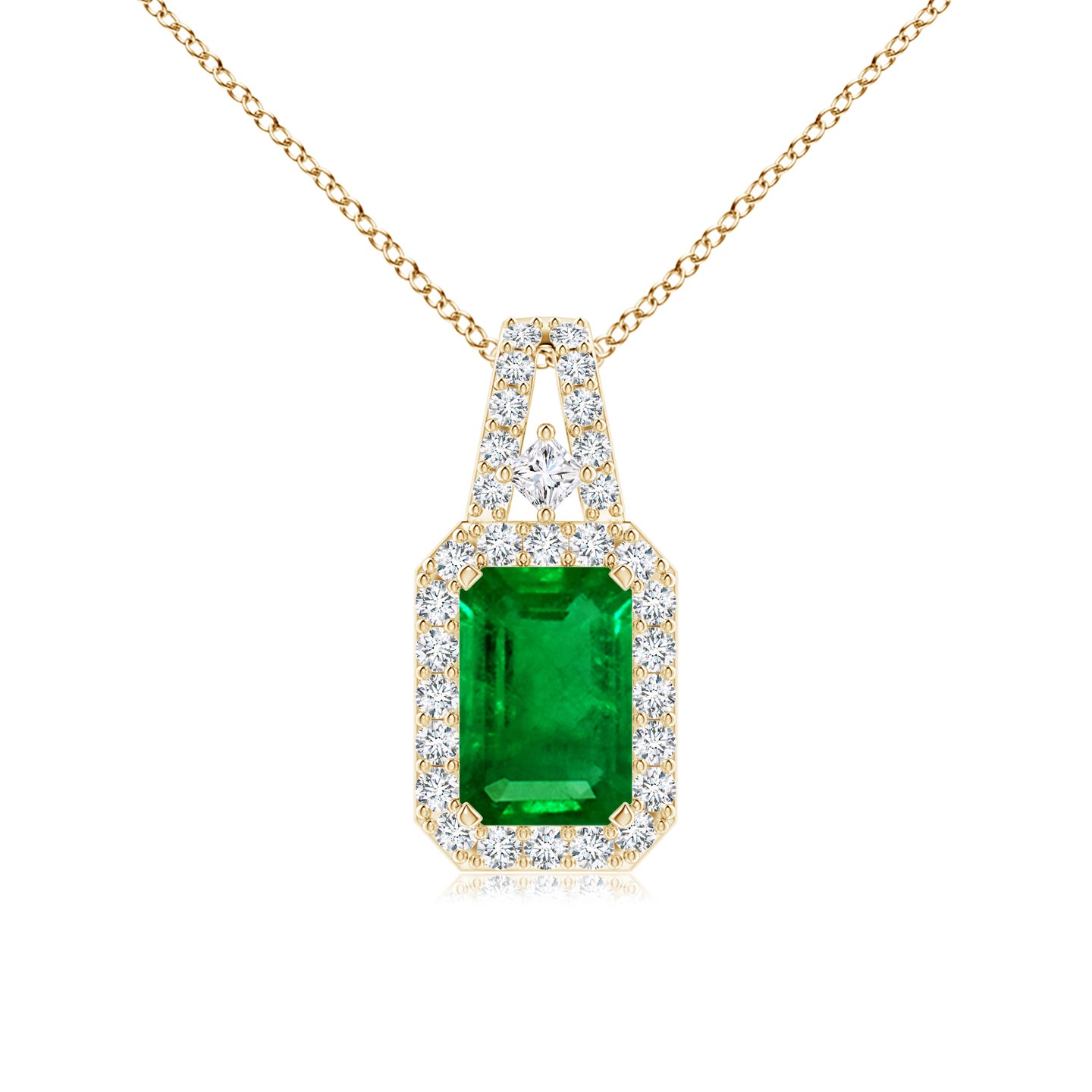 6x4mm AAAA Emerald-Cut Emerald Halo Pendant in Yellow Gold 6x4mm AAAA Emerald-Cut Emerald Halo Pendant in Yellow Gold