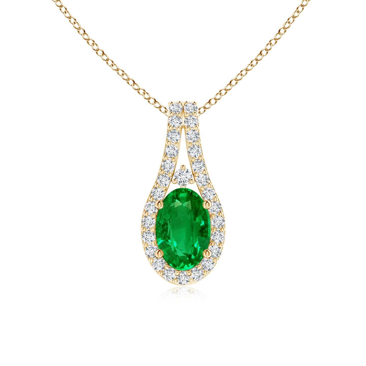 6x4mm AAAA Classic Emerald and Diamond Halo Pendant in Yellow Gold 6x4mm AAAA Classic Emerald and Diamond Halo Pendant in Yellow Gold