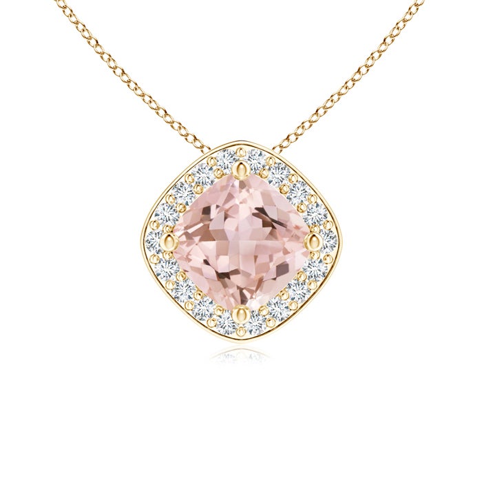 5mm AAAA Sideways Cushion Morganite Halo Pendant with Diamonds in Yellow Gold 5mm AAAA Sideways Cushion Morganite Halo Pendant with Diamonds in Yellow Gold