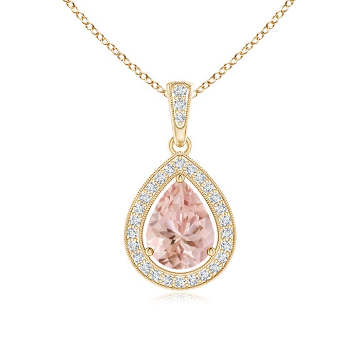 8x6mm AAAA Floating Morganite Drop Pendant with Diamond Halo in Yellow Gold 8x6mm AAAA Floating Morganite Drop Pendant with Diamond Halo in Yellow Gold