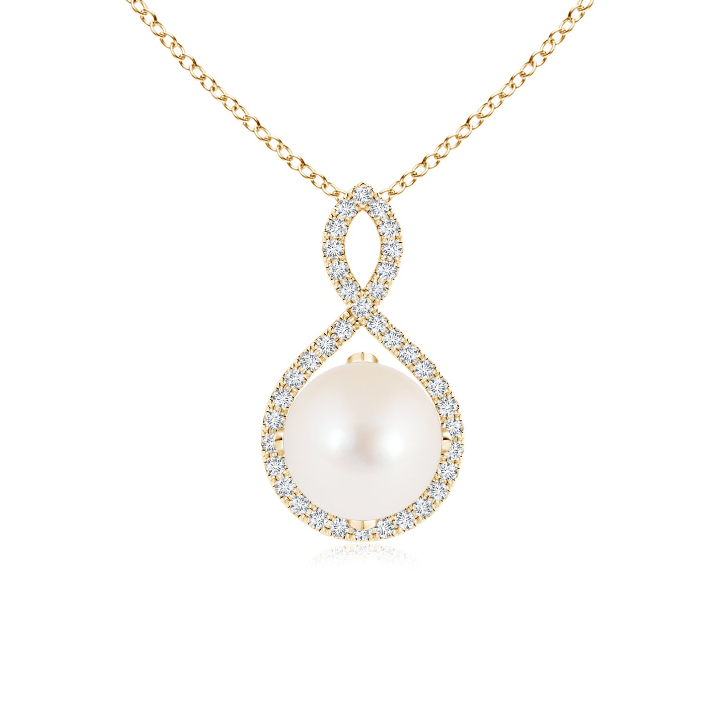 8mm AAA Freshwater Pearl and Diamond Infinity Twist Pendant in Yellow Gold