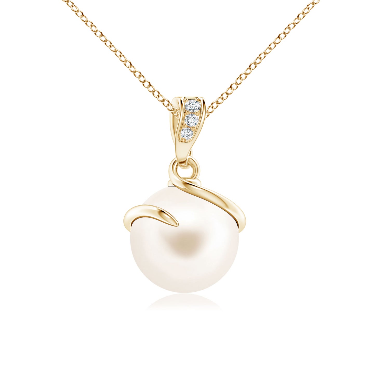 8mm AAA Freshwater Pearl Spiral Pendant with Diamonds in Yellow Gold