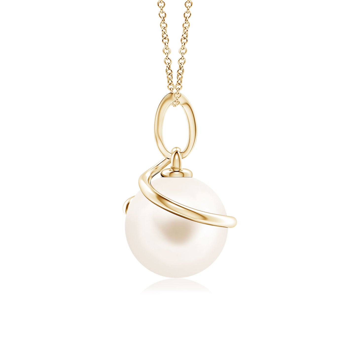 8mm AAA Freshwater Pearl Spiral Pendant with Diamonds in Yellow Gold