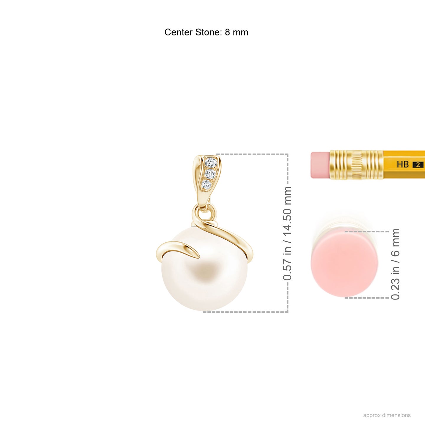 8mm AAA Freshwater Pearl Spiral Pendant with Diamonds in Yellow Gold