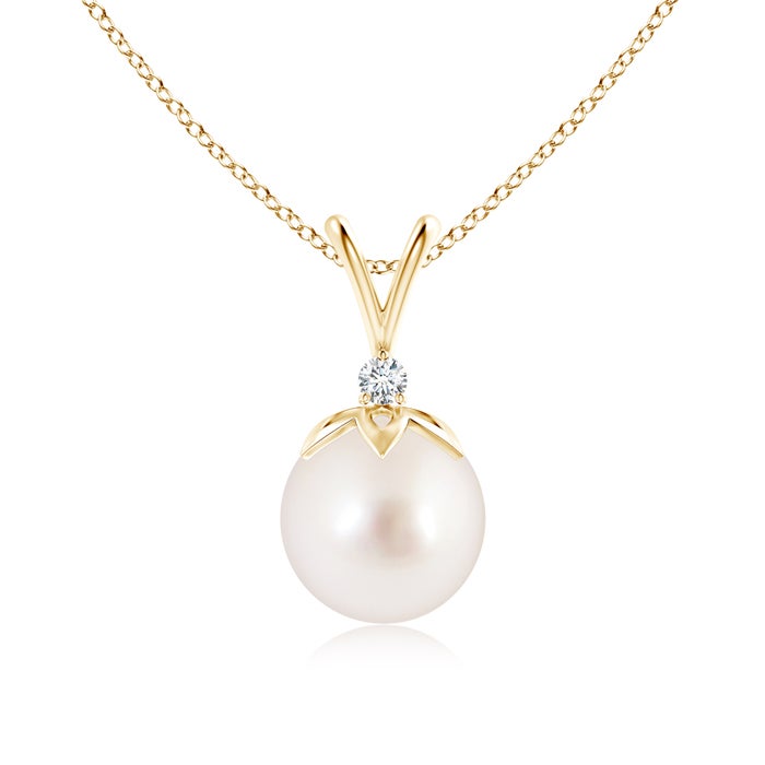 9mm AAAA South Sea Pearl V-Bale Pendant with Diamond in Yellow Gold