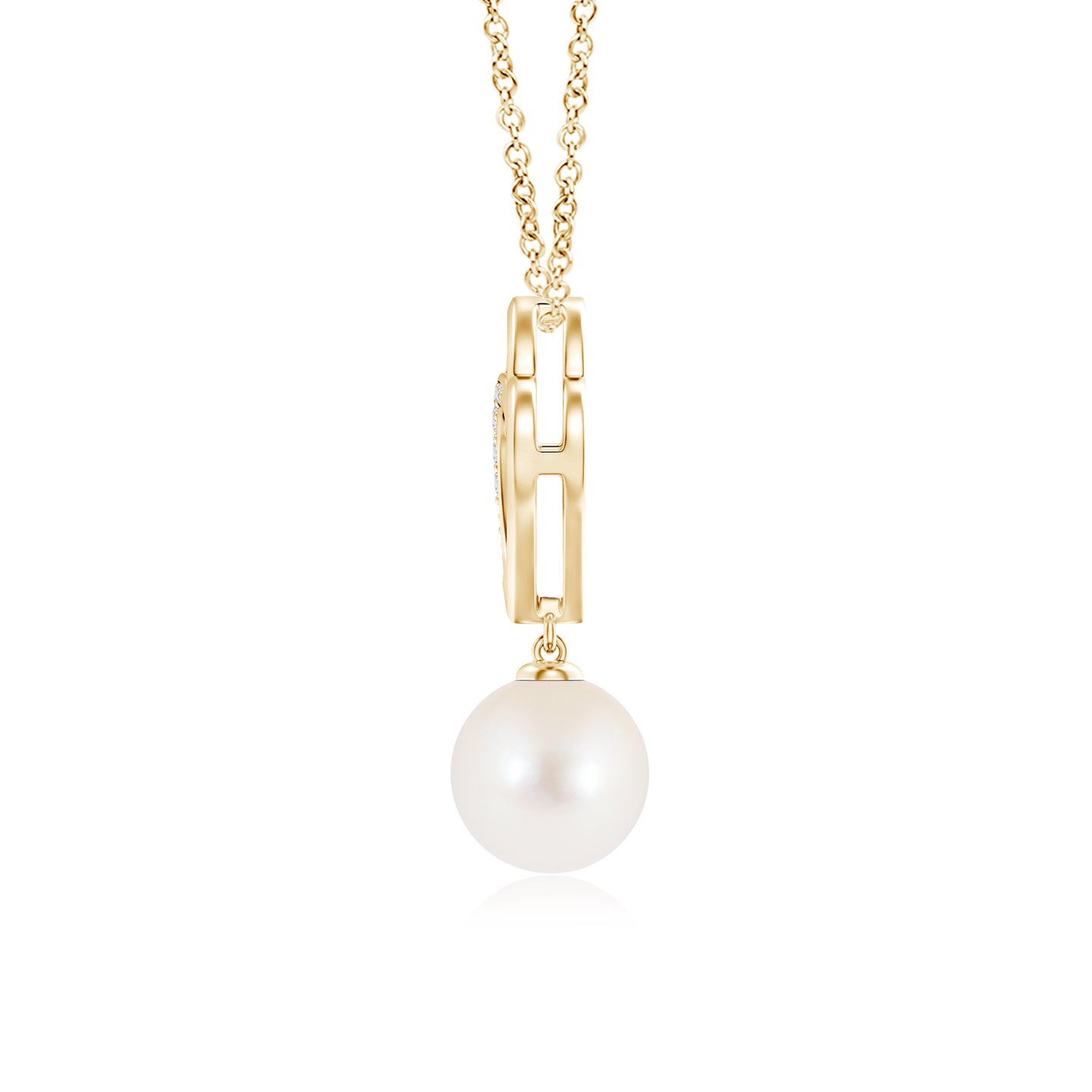8mm AAA Freshwater Pearl Entwined Heart Pendant in Yellow Gold