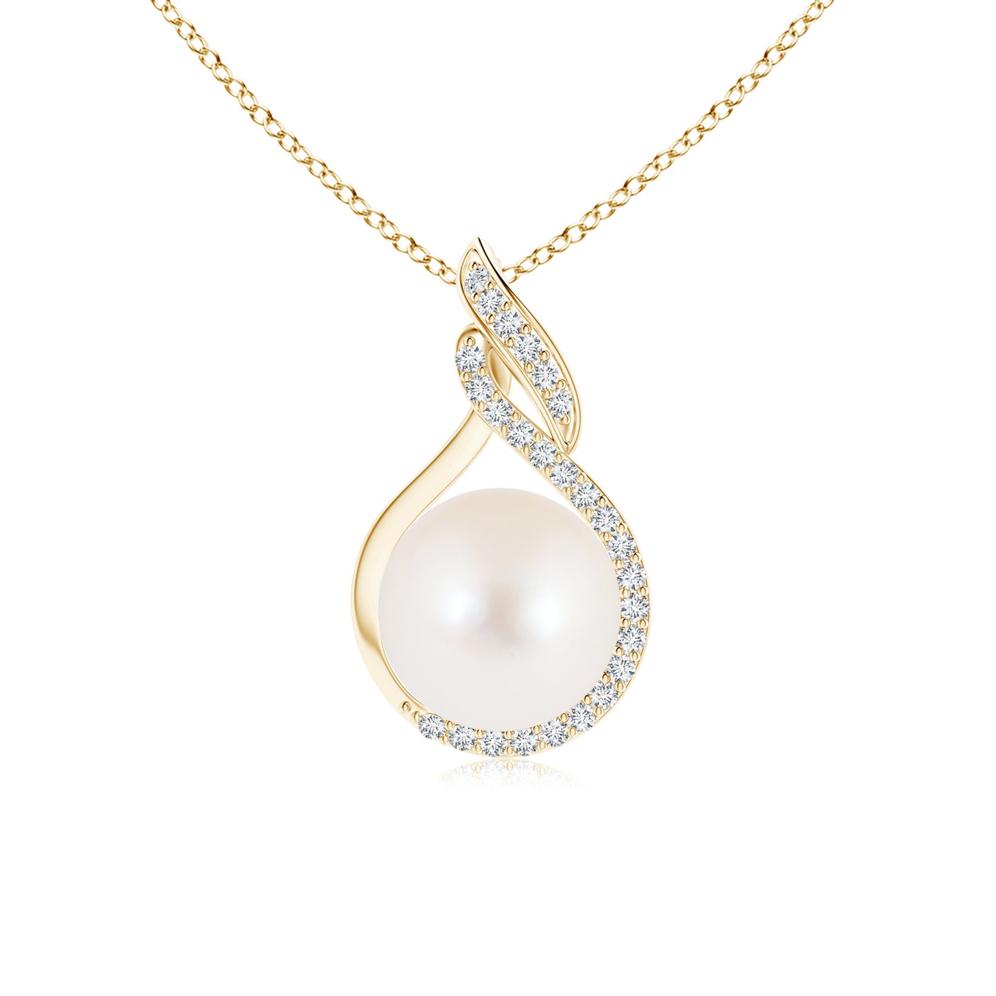 8mm AAA Freshwater Pearl Swirl Pendant with Diamonds in Yellow Gold