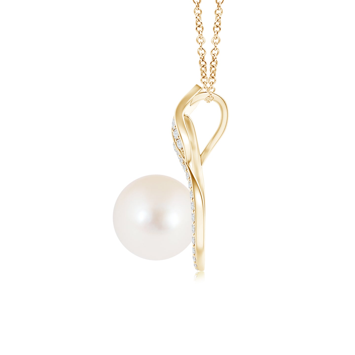 8mm AAA Freshwater Pearl Swirl Pendant with Diamonds in Yellow Gold