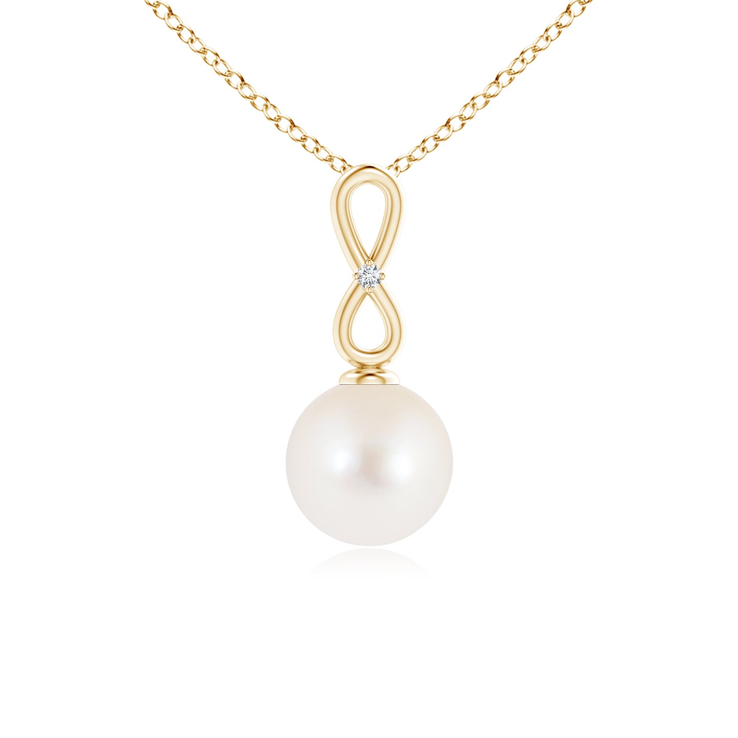 8mm AAA Freshwater Pearl Infinity Loop Pendant with Diamond in Yellow Gold