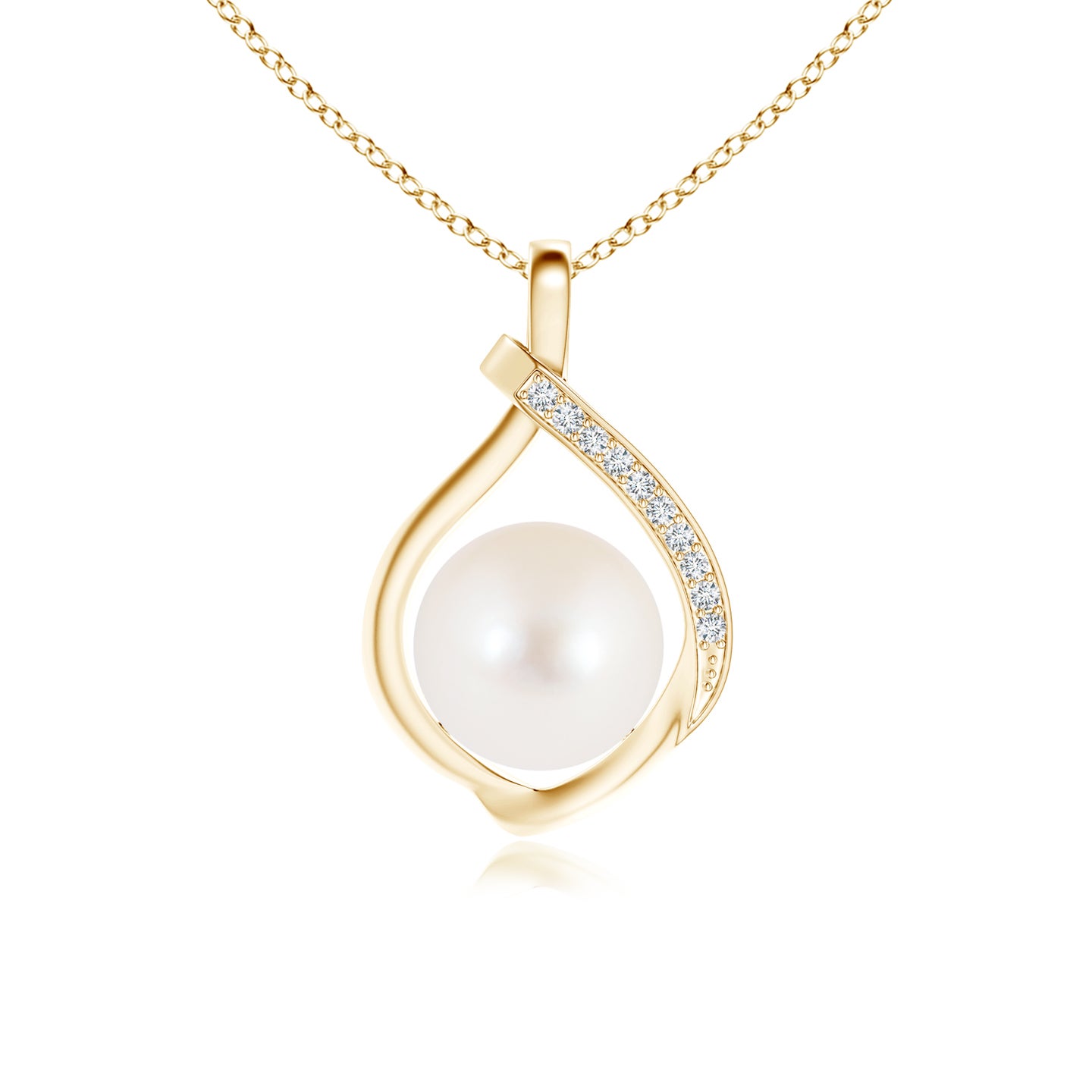 8mm AAA Freshwater Pearl Loop Pendant with Diamonds in Yellow Gold