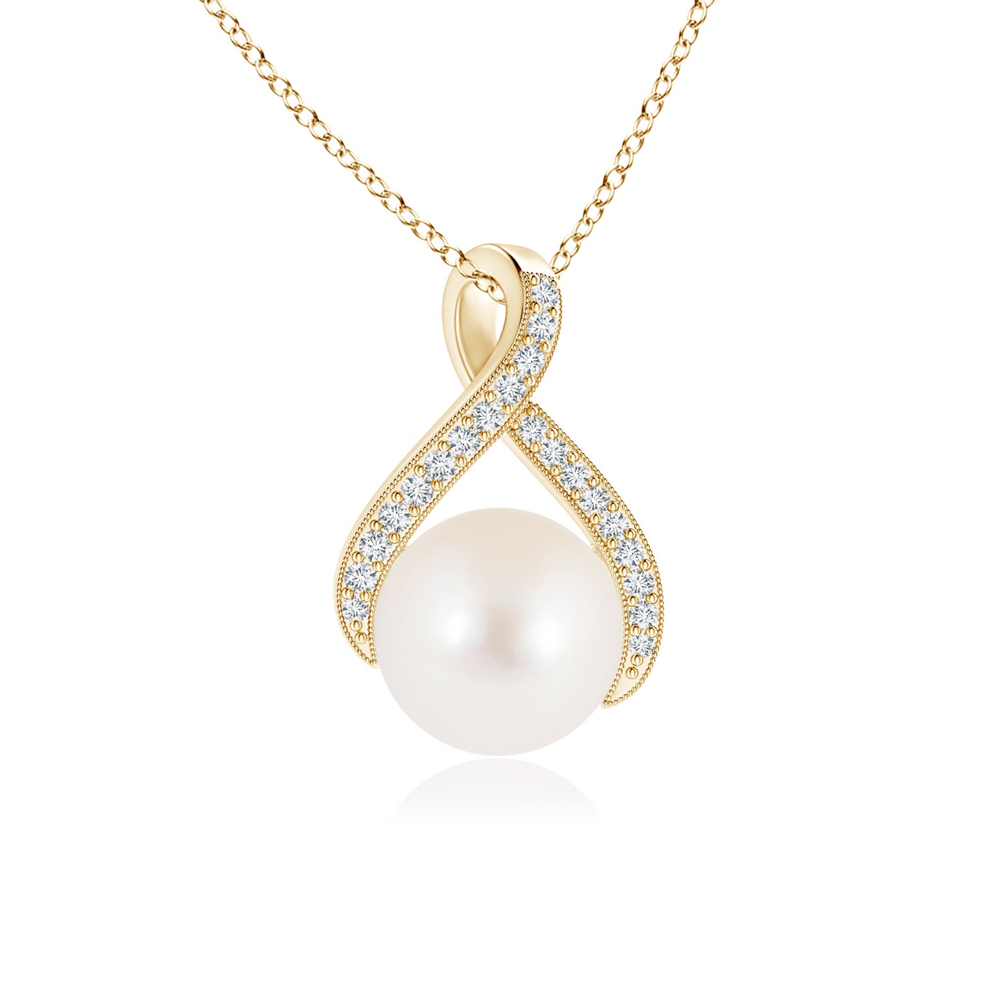 8mm AAA Freshwater Pearl Swirl Ribbon Pendant with Diamonds in Yellow Gold