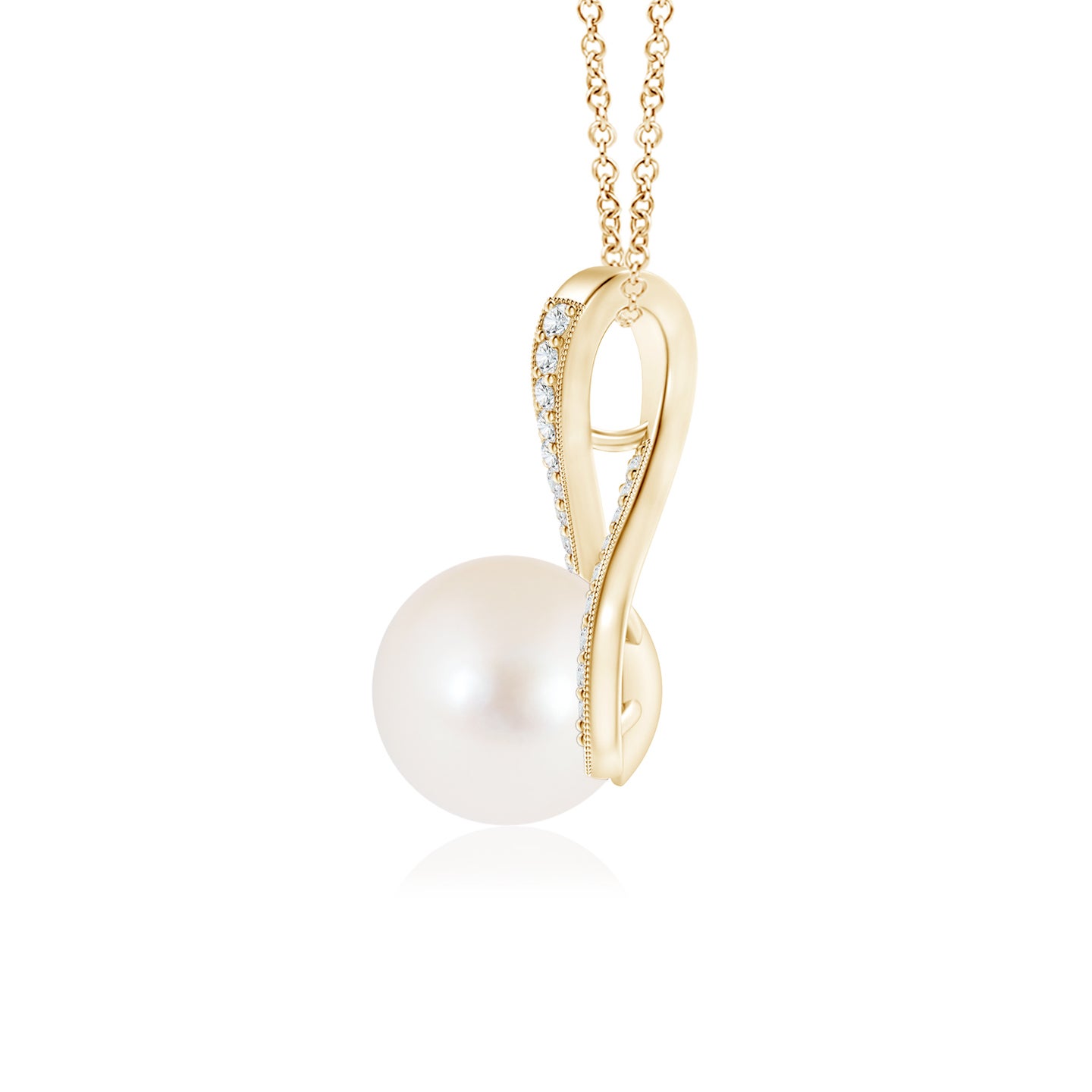 8mm AAA Freshwater Pearl Swirl Ribbon Pendant with Diamonds in Yellow Gold